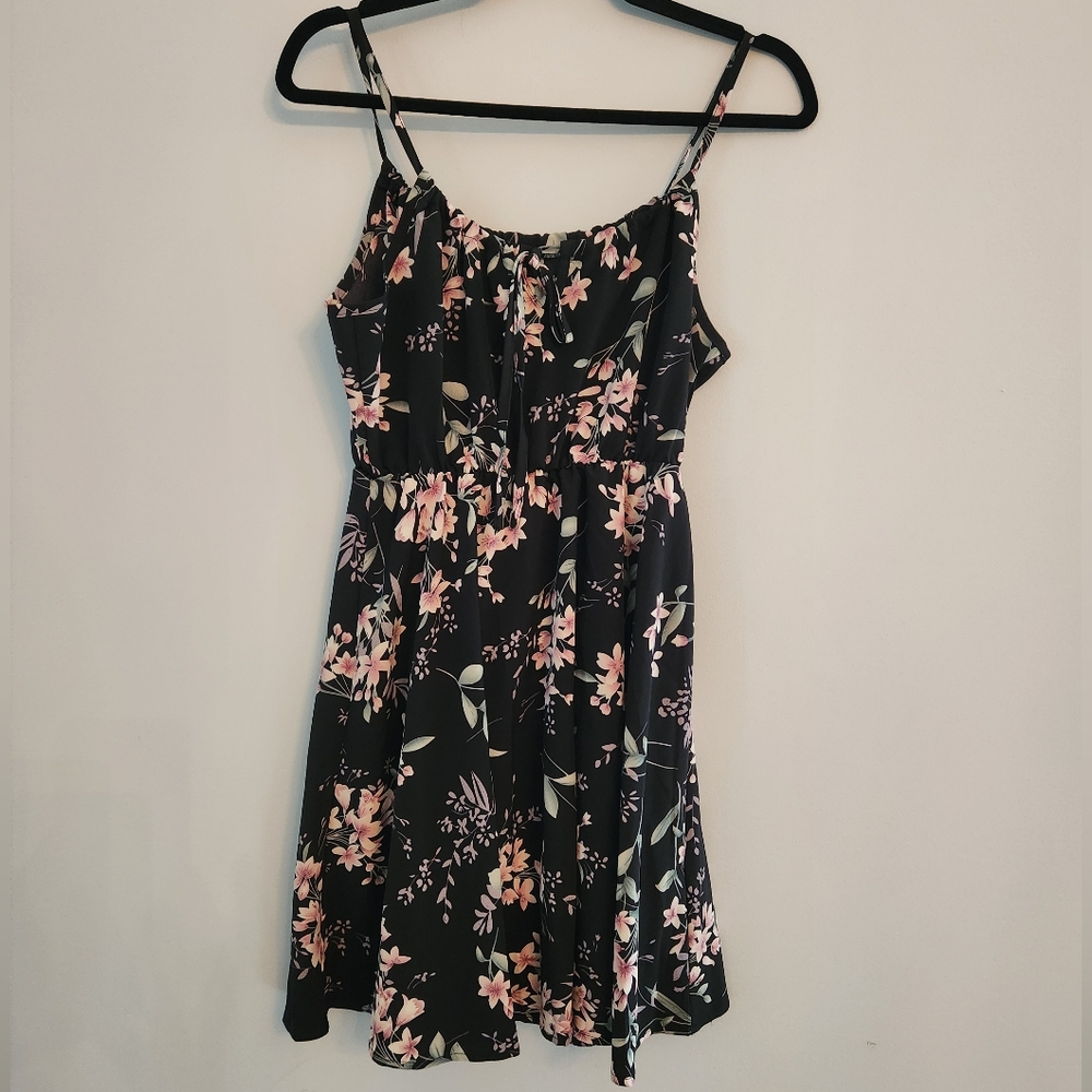 (4 For $20)Sason Black Floral Mini Dress Spaghetti Straps.  Size SP.  Tie front.